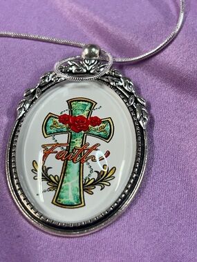 Faith Cross Pendant Necklace - Green, Red, Gold Accents new handmade